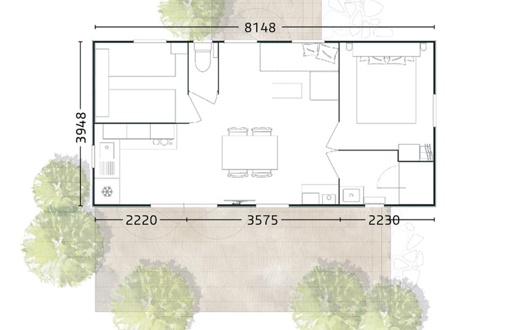 Plan du Mobile-home 2 chambres Grand-Confort 2023 - Camping de La Tour - Locmariaquer