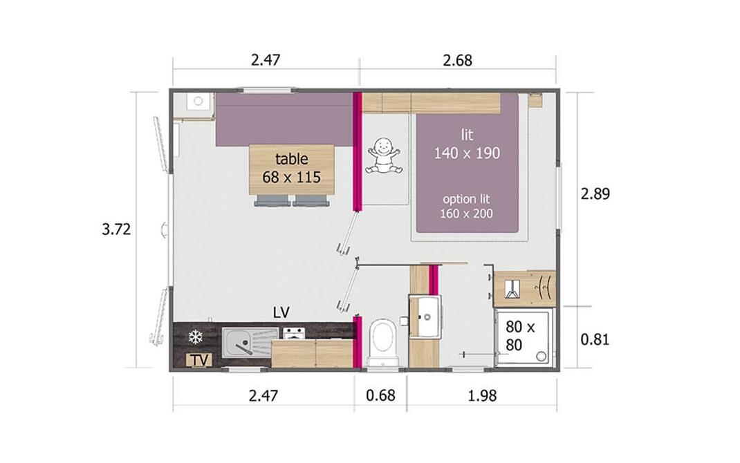 Camping Locmariaquer Plan Mobil-Home 1 chambre 2020 au Camping de la Tour à Locmariaquer - Camping de La Tour - Locmariaquer